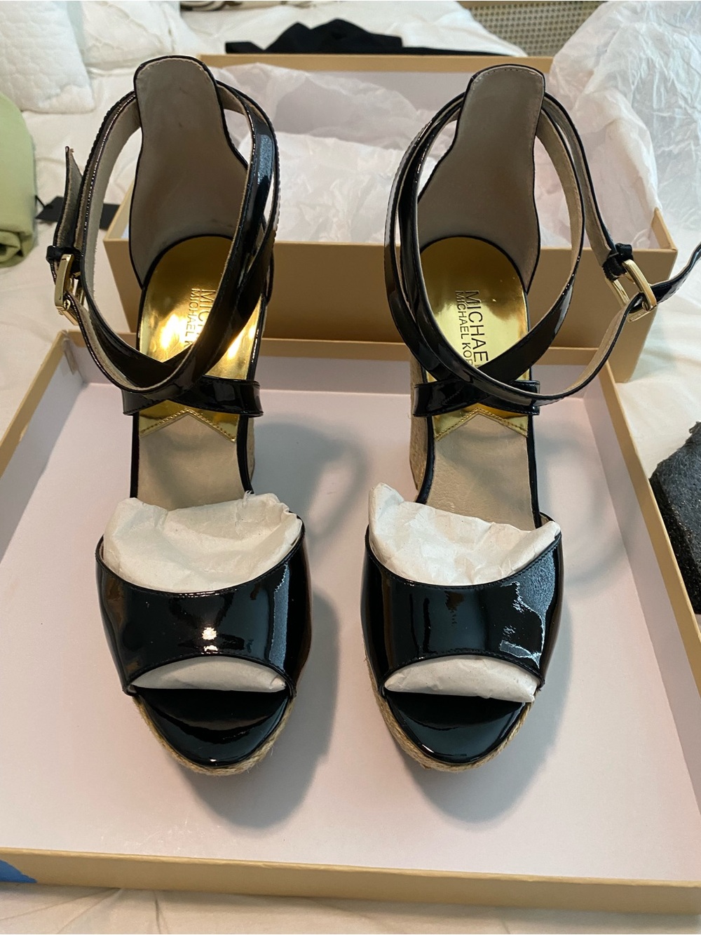 Michael Kors Black Patent Platform Sandals with Ankle Strap